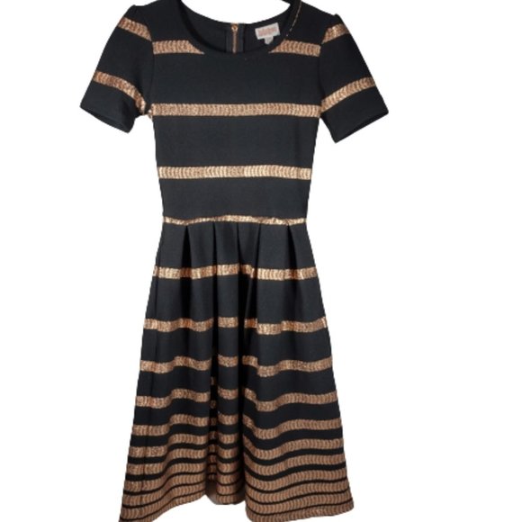 LuLaRoe Amelia Dress Black and Copper Striped XXS 0 Party Christmas New Years - Picture 1 of 7